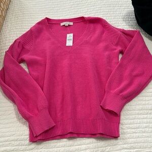 NWT  LOFT  Bright Pink V-Neck Ribbed Pullover Long Sleeve Sweater - XS